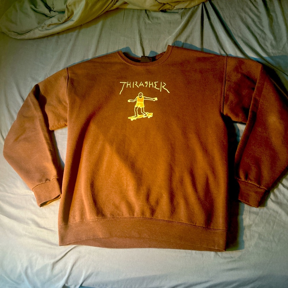 Thrasher Brown Crewneck Sweater with Yellow Graphic
